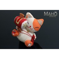 Japanese kimono Chirimen Maneki Neko Lucky cat with magic wishing mallet Orange