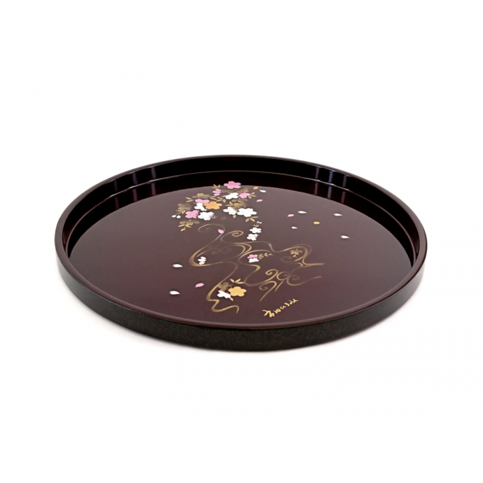 Japanese Kishu lacquerware glossy serving tray/plate "Sakura" 桜 Cherry 