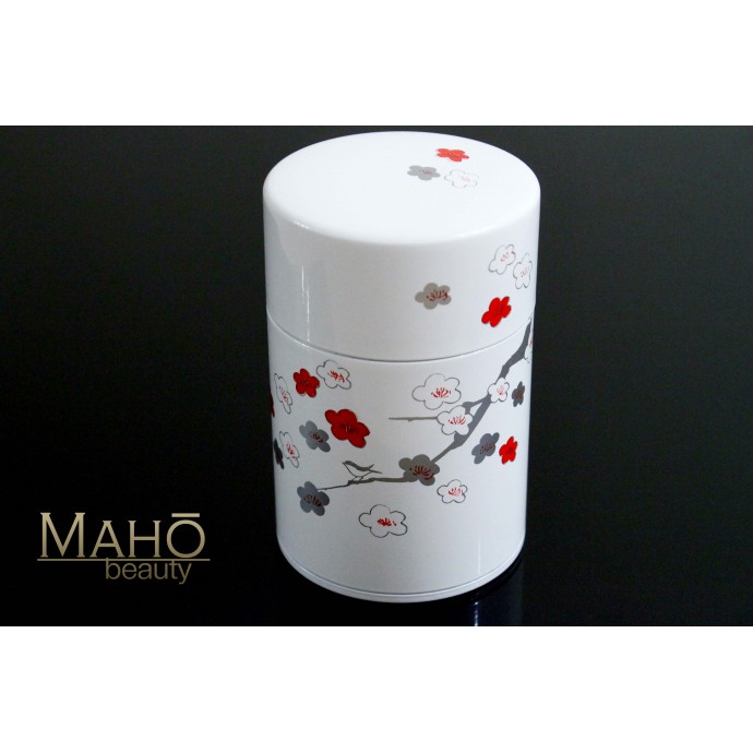 Decorative Made in Japan steel tea can Caddy Plum and nightingale White 150g 梅とうぐいす	