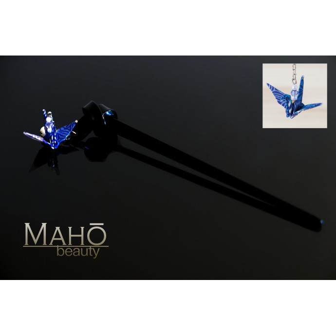 JAPANESE KANZASHI hair stick: Origami Crane Bird Tsuru 青 折鶴