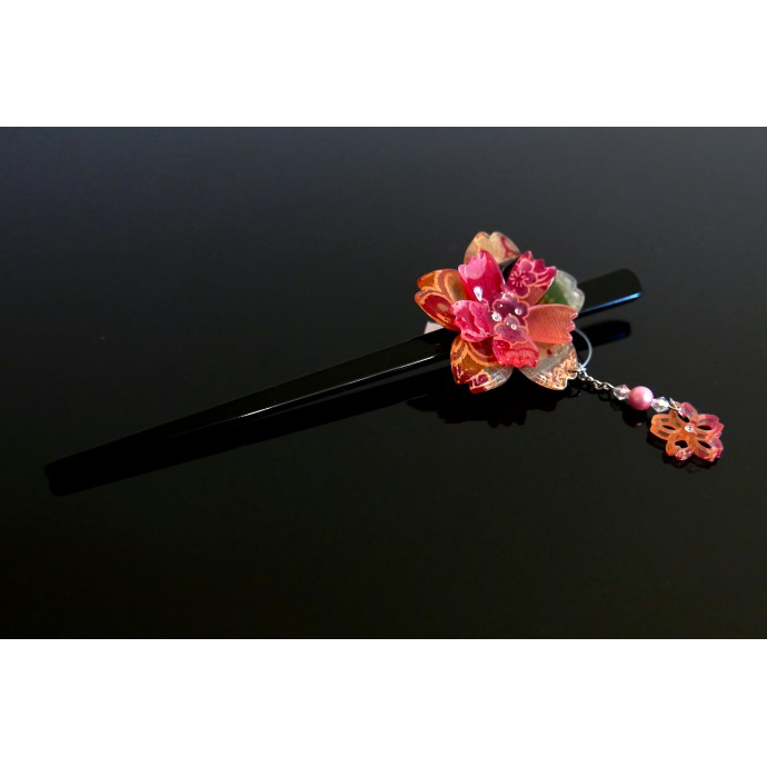 JAPANESE hair accessory - Kanzashi hair stick. Sakura with bouncy petals Red