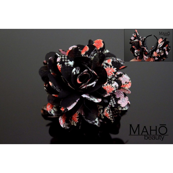Charming Japanese Kimono Pattern Flower Hair clip black
