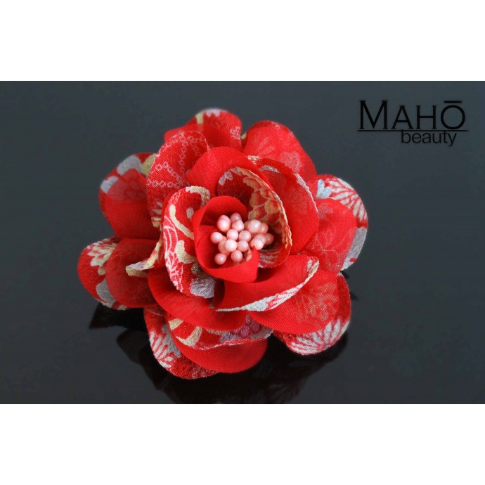 Adorable Japanese Kimono Pattern Rose Hair clip Red