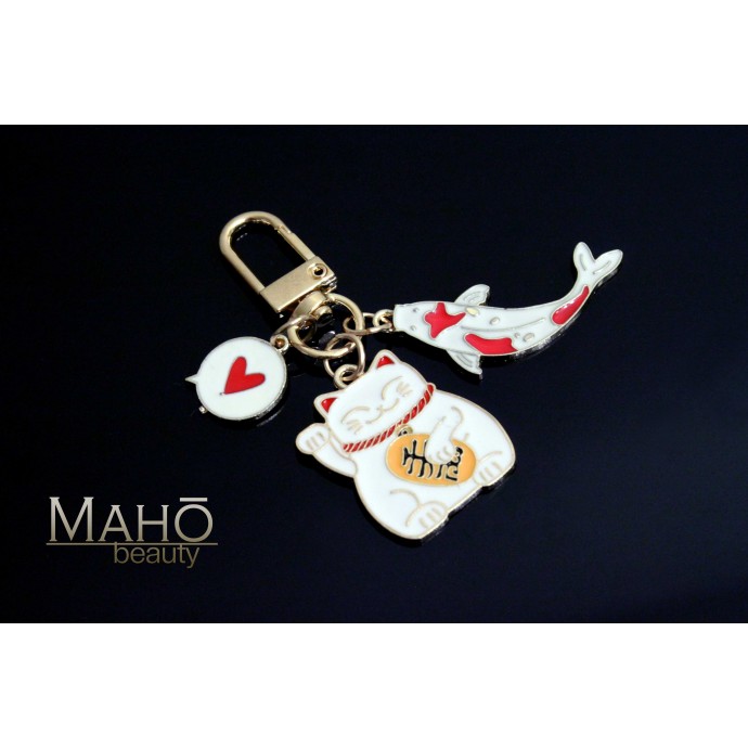 Japanese style Mascot Charm Keychain Maneki Neko Cat and carp fish KOINOROBI Heart